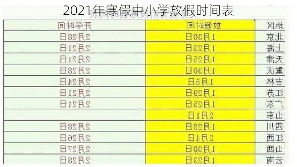 2021年寒假中小学放假时间表