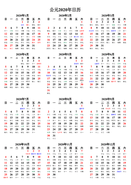 2020年日历全年表